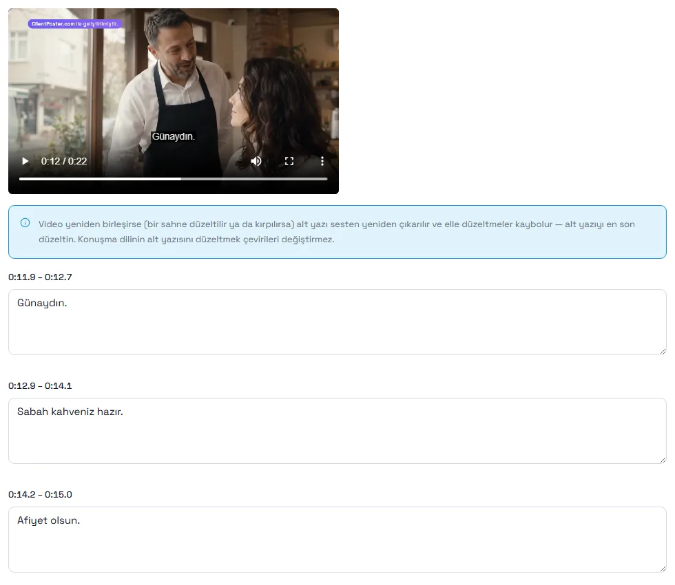Alt yazı düzeltme ekranı